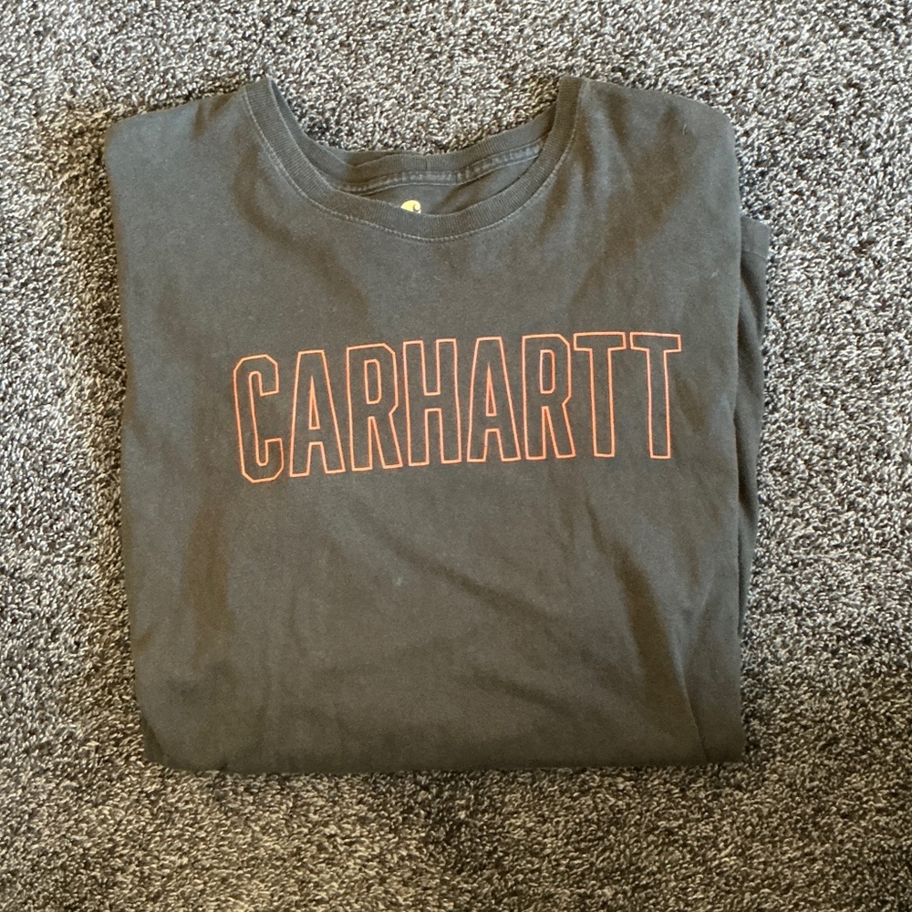 Carhartt Charcoal Long Sleeve Tee with Bold Orange Lettering